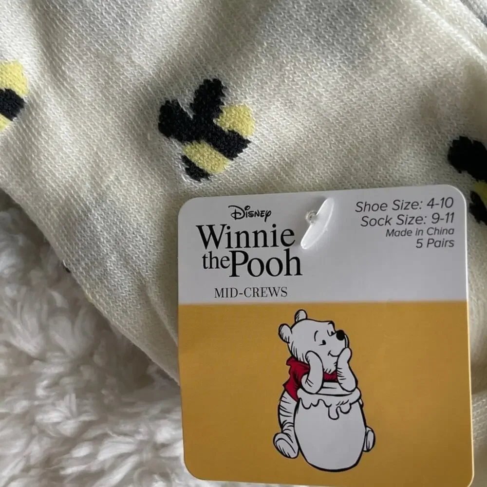 Disney Winnie the Pooh Mid Crew Socks 5 Pairs NEW Size 9-11 Womens Gray Tan